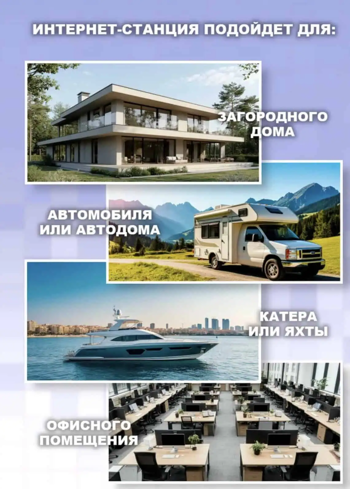 Удобное подключение к интернету для загородного дома, автомобиля, яхты или офисного помещения. Надежное и быстрое соединение в любом месте для комфортной работы и отдыха.